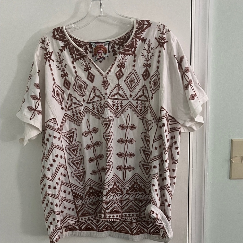 Johnny Was White and Brown Geometric Women's Top